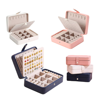 FANTZEI PU Leather Jewelry Organizer for Women Girls, Double Layer Portable Mini Travel Case Display Storage Holder