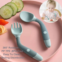 FANTZEI Baby Silicon Spoons and Forks Set for Self-Feeding, Silicone Bendable Handle, Easy Grip Heat-Resistant, Self-feeding Flatware Sets for Kids