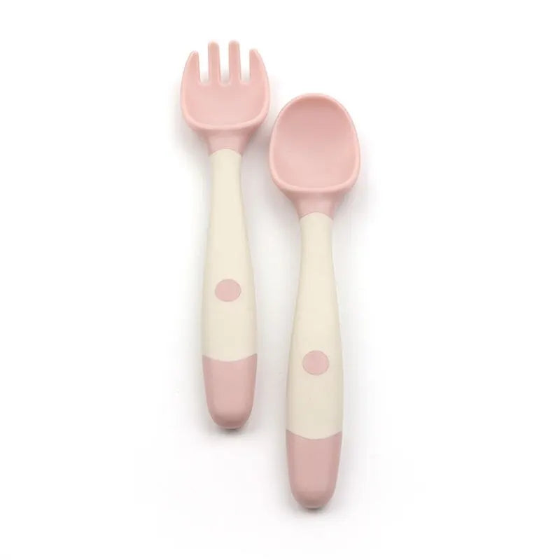 FANTZEI Baby Silicon Spoons and Forks Set for Self-Feeding, Silicone Bendable Handle, Easy Grip Heat-Resistant, Self-feeding Flatware Sets for Kids